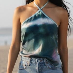 🟢NWT pretty little thing Plus Green Tie Dye Print Halterneck Long Top